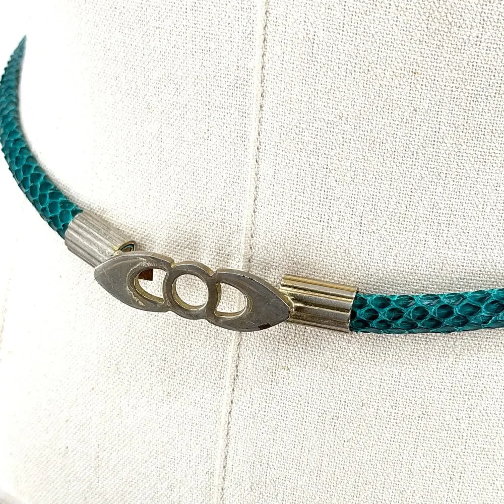 Vintage 90s Green Teal Genuine Snakeskin Super Skinny Belt